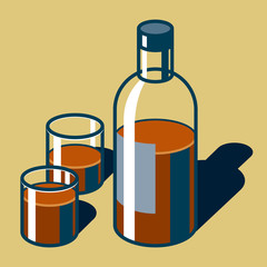 Bottle of whiskey and glass with 3d flat style. Transparent glass objects on color background. Simple volume vector elements for your project
