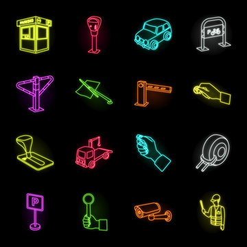 Parking for cars neon icons in set collection for design. Equipment and service vector symbol stock web illustration.