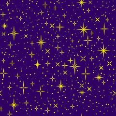 Fototapeta na wymiar Golden shiny magical cartoon stars on dark purple sky, childish seamless pattern, vector