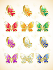 Set of precious Golden Butterflies with rhinestones for your creative works. Vector illustration  .