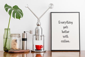 Coffee maker, grinder and Poster: Everything gets better with coffee.