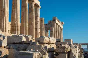 Parthenon temple on a bright day. Details. Acropolis in Athens, Greece