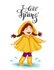 Spring clip art cartoon girl with braids in raincoat with lettering I love spring For spring greeting card, seasonal promo banner, nursery, fashion print, baby club or children event poster Isolated