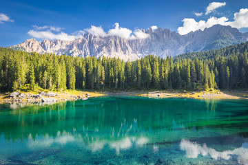 Fototapeta premium Carezza lake and Latemar mountain, Bolzano province, South Tyrol, Italy