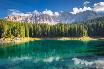 Carezza lake and Latemar mountain, Bolzano province, South Tyrol, Italy