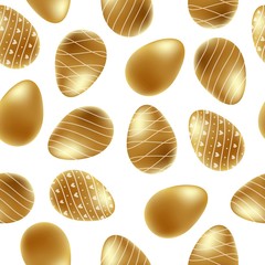 Happy Easter. Decorative seamless pattern with realistic golden shine decorated eggs. Invitation template. Beautiful festive background. Vector illustration greeting card, promotion, poster, flyer.