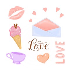 Spring clip art - Valentine's Day hand drawn textured illustrations - lips, ice cream, cup, heart, envelope and lettering Love for designing love card, Valentine party invitation, celebration print