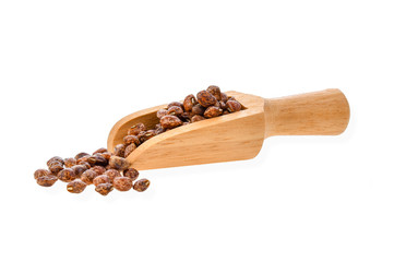 Nuts isolated in wood scoop on white background