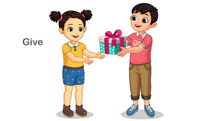 Little boy giving gift to a little cute girl vector illustration