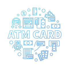 ATM Card vector concept round blue outline illustration on white background