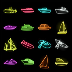 Water and sea transport neon icons in set collection for design. A variety of boats and ships vector symbol stock web illustration.
