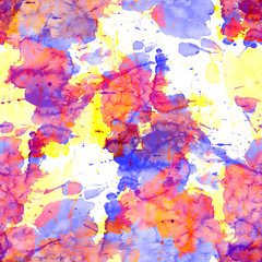 Seamless pattern of watercolor stains: yellow, pink, purple blotches on a white background.