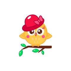 Owl lady with hat on the branch with leaves. Cartoon bird emoji and sticker. Vector illustration. Kawaii style.
