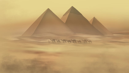 Fototapeta na wymiar Desert landscape with pyramids. Sandstorm, camel caravan.