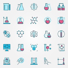 Chemistry Science modern icons set. Chemical engineering, test-tube, molecule, laboratory vector colored symbols or logo elements 