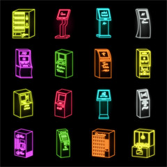 Variety of terminals neon icons in set collection for design. ATM and trading device vector symbol stock web illustration.