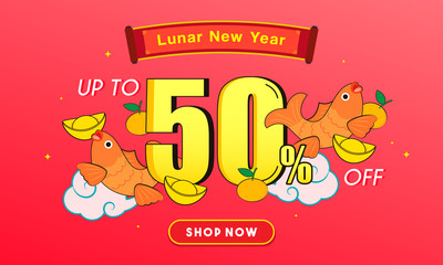 Chinese Lunar New Year Sale Vector illustration. 50% discount with fish decoration and gold ingot ornaments.