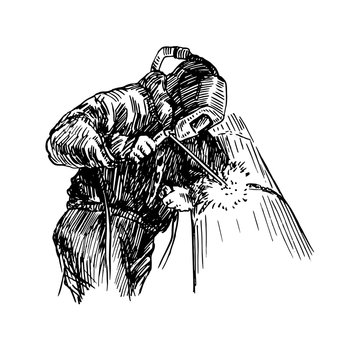 recommend clip art: Welder wearing a helmet welds a pipe, holding a welding machine, hand drawn doodle, sketch, black and white vector illustration