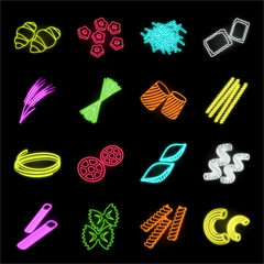 Types of pasta neon icons in set collection for design. Figured macaroni for eating vector symbol stock web illustration.