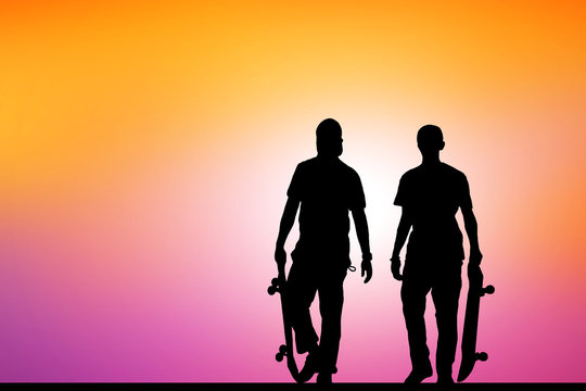  Silhouettes  friend group of skateboarder on blurry sunrise background.