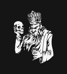 King hand holding skull with glass of wine, vector illustration.