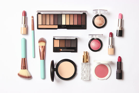 professional makeup tools. Products for makeup on a white background top view. A set of various products for makeup.