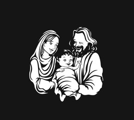 A happy little family of a father and mother with little son, Hand Drawn Sketch Vector illustration.