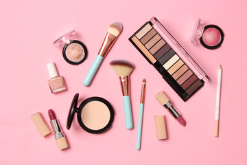  professional makeup tools. Makeup products on a colored background top view. A set of various products for makeup.