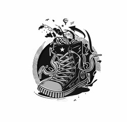 Hipster sneakers in hand drawn graphic - obrazy, fototapety, plakaty