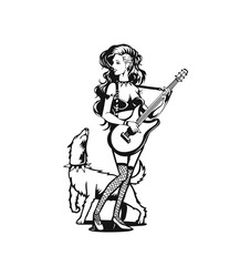 Teen girl playing the guitar. Barking dog. vector illustration.