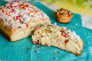 homemade baking easter pasca on woven canvas