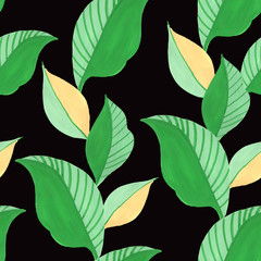 Seamless pattern with gouache leaves and graphic element