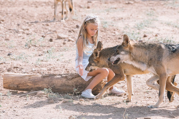 Little blonde girl with wolf in zoo