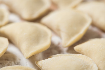 Raw dumplings ready to boil, close up, soft background with copy space. Also known as Vareniks....