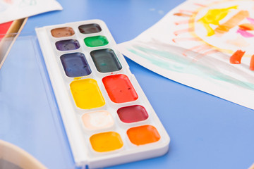 set of multicolored watercolor paints, childrens drawing