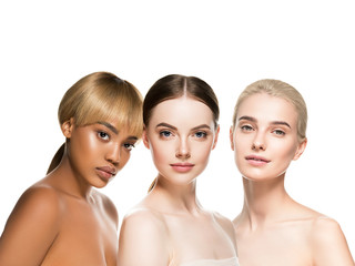 Beautiful hair women group beauty concept woman with long hairstyle different color and fashion isolated on white. Curly and smooth brunette and blonde hair model