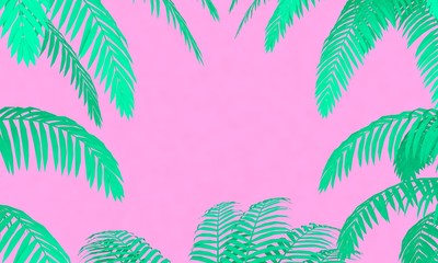 3d rendering palm leafs on pink background