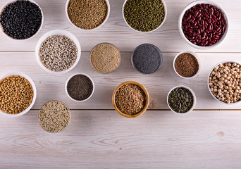 Top view superfood assortment in a various bowls