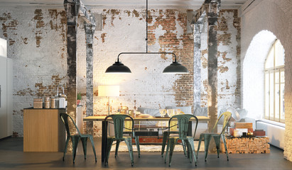 Fototapeta na wymiar vintage loft apartment with brick wall 3d rendering