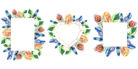 Colorful bird feather from wing. Watercolor background illustration set. Frame border ornament square.