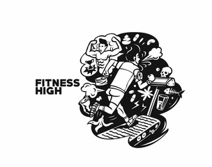 Men running in machine treadmill at fitness gym club, vector illustration.