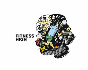 Men running in machine treadmill at fitness gym club, vector illustration.