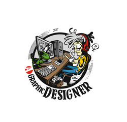 Graphic designers working at desk, Peel off sticker vector illustration.