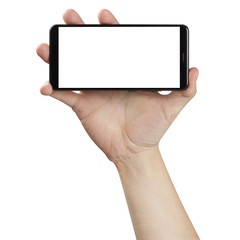 Hand holding black smartphone, isolated on white background
