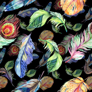 Colorful bird feather from wing. Watercolour drawing fashion aquarelle isolated. Seamless background pattern.