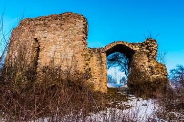 Winterlandschaft, Marburg, Germany - The castle Frauenberg is the ruin of a medieval hilltop castle. In the nature reserve Beltershausen. On a cloudless, sunny, cold day in winter.