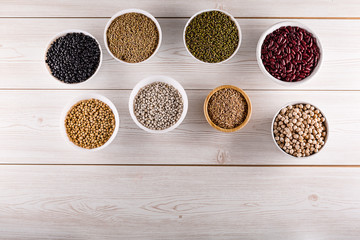 Top view superfood assortment in a various bowls