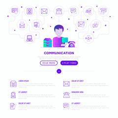 Communication web page template: man with speech bubble, inbox e-mail, telephone. Flat gradient style. Modern vector illustration.