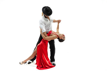 Portrait of young elegance tango dancers isolated over white background