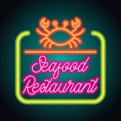seafood restaurant neon sign plank. vector illustration